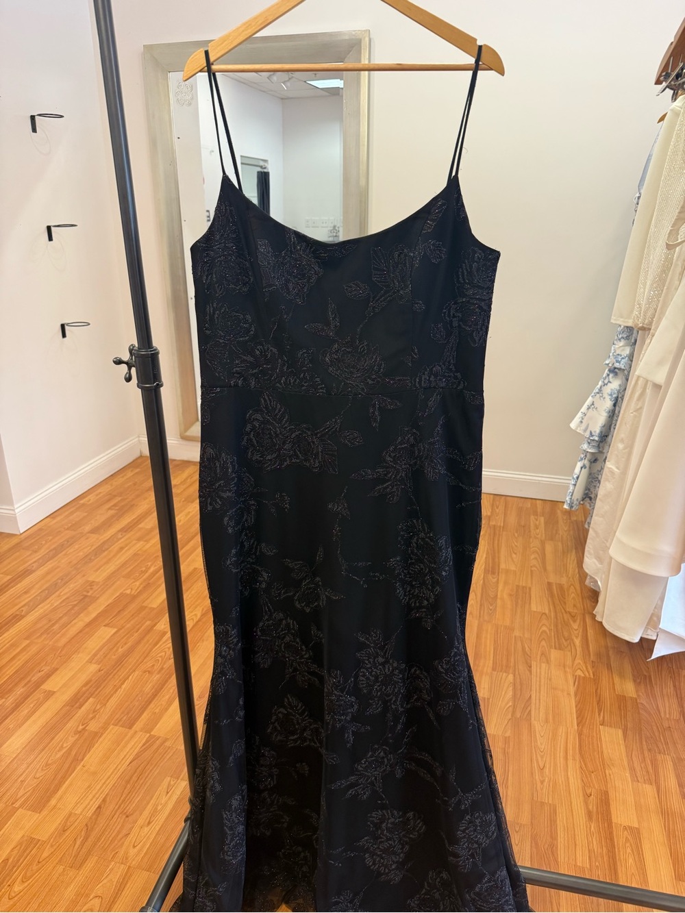 Hayley Paige Occasions Black Beaded Floral Spaghetti Strap Dress
